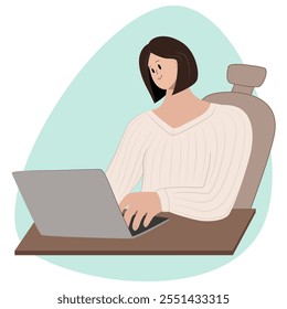 Mujer que escribe en el ordenador portátil mientras que se sienta en la silla en la mesa. Ilustración vectorial aislada plana