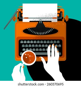 Woman typing on a vintage typewriter and holding a cup. Vector illustration