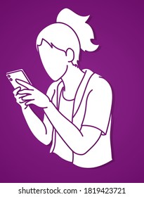 Woman typing text. Woman using smartphone cartoon graphic vector.