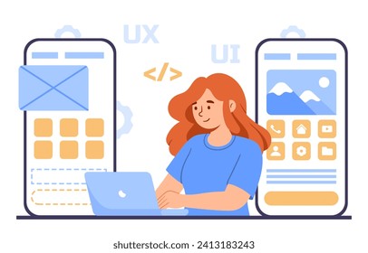 Mujer con elementos UI y UX. Niña joven desarrolla diseño para aplicaciones y programas móviles, plantilla de sitio web. Diseñador gráfico y empleado remoto. Dibujo vectorial plano de dibujos animados