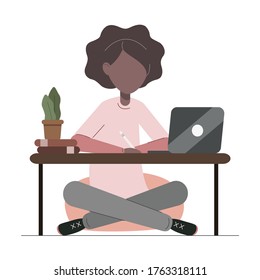 Woman UI/UX designer working on laptop. Flat vector illustration.