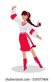 Woman in ukrainian national clothes dance. Vector in flat design. Young girl with braided hair in white blouse, red skirt and boots dancing traditional folk dance. Slavic choreography and folklore. 