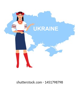 Woman in Ukrainian national traditional costume. Beautiful girl in national costume against the background of the map of Ukraine