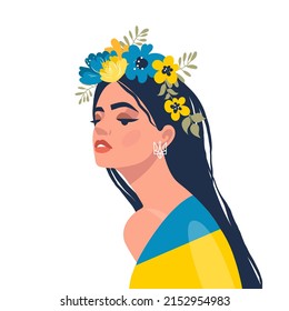 Woman in Ukrainian symbols. Art. Ukraine support concept. No war. Support for Ukraine. Vector illustration. Isolated.