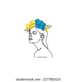 Woman in Ukrainian symbols. Art. Ukraine support concept. No war. Support for Ukraine. Vector illustration. Isolated, line art