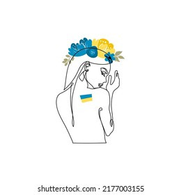 Woman in Ukrainian symbols. Art. Ukraine support concept. No war. Support for Ukraine. Vector illustration. Isolated, line art