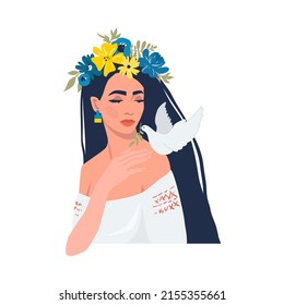 A woman in Ukrainian symbols with a dove of peace. Art. The concept of support for Ukraine. no war. Support for Ukraine. vector illustration. isolated.