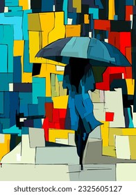 Woman with umbrella abstract art drawing, vector template