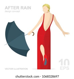 Woman with umbrella after rain rain. Young girl with umbrella after the rain.
After rain concept vector illustration isolated on white background.