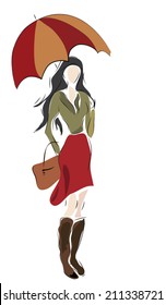 Woman with umbrella and bag. Girl in fashion clothes
