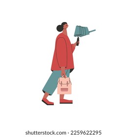 Woman with umbrella. Cartoon female character holding parasol and backpack, spring autumn season. Vector illustration