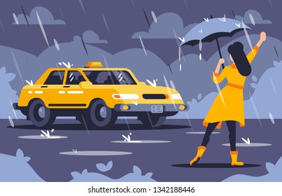 Woman with umbrella catches a taxi in the rain on the road