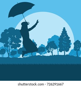 Woman with umbrella and coat autumn tree sunset landscape vector background