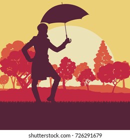 Woman with umbrella and coat autumn tree sunset landscape vector background