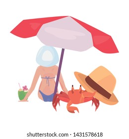 woman with umbrella crab hat drink summer time