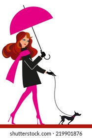 Woman with umbrella and dog