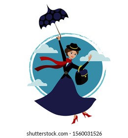 Woman with umbrella flying in the blue sky. Vector illustration of a fairy tale cartoon character. English teacher waving hand with a magic umbrella in a blue suit and bag.