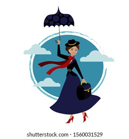 Woman with an umbrella flying in the sky with clouds. Vector flat illustration of a fairytale cartoon character. Smiling English teacher in a hat with a magic umbrella in a blue suit and bag.