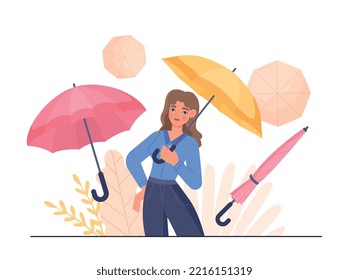 Woman with umbrella. Girl chooses equipment to protect herself from sun and rain. Fashion and trend. Elegance and beauty. Advertising poster or banner for website. Cartoon flat vector illustration