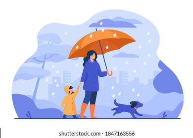 Woman with umbrella, girl in raincoat and dog walking in rain in city park. Vector illustration for family activity, bad weather, downpour concept