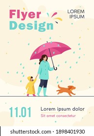 Woman with umbrella, girl in raincoat and dog walking in rain in city park. Vector illustration for family activity, bad weather, downpour concept