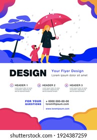 Woman with umbrella, girl in raincoat and dog walking in rain in city park. Vector illustration for family activity, bad weather, downpour concept