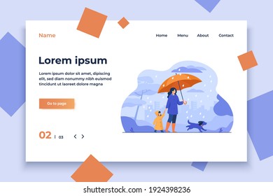 Woman with umbrella, girl in raincoat and dog walking in rain in city park. Vector illustration for family activity, bad weather, downpour concept