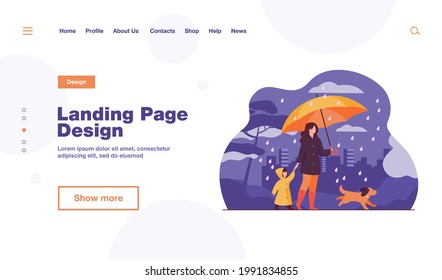 Woman with umbrella, girl in raincoat and dog walking in rain in city park. Vector illustration for family activity, bad weather, downpour concept