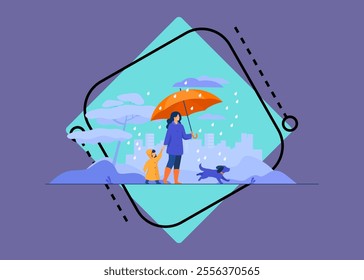 Woman with umbrella, girl in raincoat and dog walking in rain in city park. Vector illustration for family activity, bad weather, downpour concept