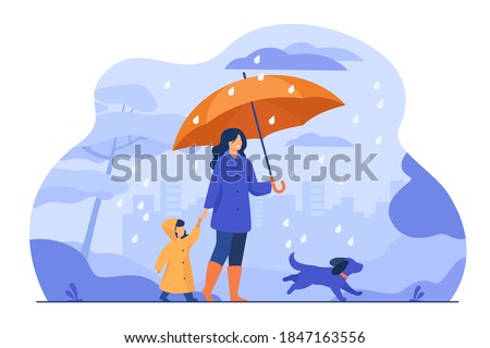 Woman with umbrella, girl in raincoat and dog walking in rain in city park. Vector illustration for family activity, bad weather, downpour concept