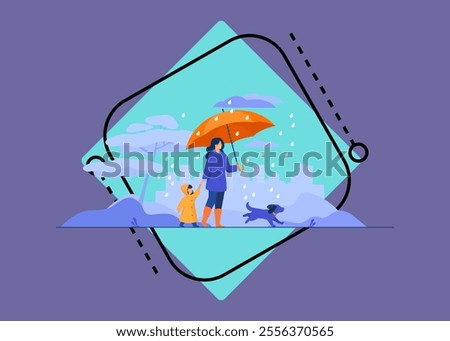 Woman with umbrella, girl in raincoat and dog walking in rain in city park. Vector illustration for family activity, bad weather, downpour concept