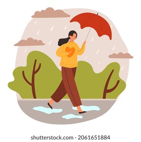 Woman with umbrella. Girl went for walk in park. Bad autumn weather, rain, storm, cloudy. Outdoor, nature, outside.