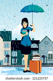 Woman with umbrella holding a book while the rain is falling.