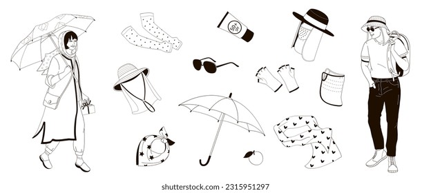 woman with umbrella  and man in a protective hat, set elements about protective measures against the solar radiation and UV ultraviolet in the city life