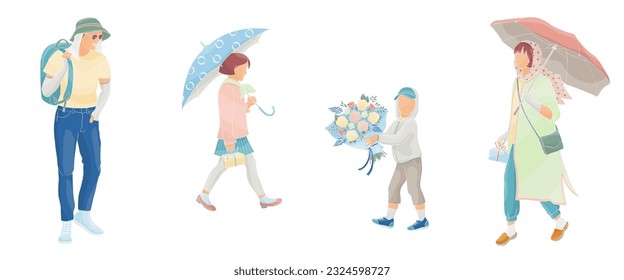 woman with umbrella and man in a protective hat, boy and girl in protective clothes against the solar radiation and UV ultraviolet in the city life, color vector illustration