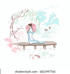 woman umbrella nature landscape view vector sketch illustration japanese chinese oriental line art ink card