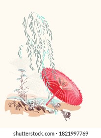 woman umbrella nature landscape view vector sketch illustration japanese chinese oriental line art ink card