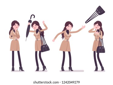 Woman with umbrella negative emotions, wearing autumn clothes, classic short beige coat, accessories. Fall outfits for women concept. Vector flat style cartoon illustration isolated, white background