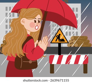 Woman with an umbrella on a rainy day near a construction site