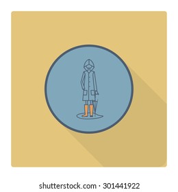 Woman with Umbrella and Raincoat on the Puddle. Single Flat Autumn Icon . Simple and Minimalistic Style. Vector