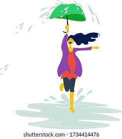 a woman with an umbrella running through puddles in the rain
