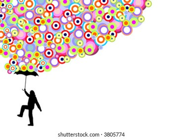 Woman with umbrella silhouette under a colored circles rain