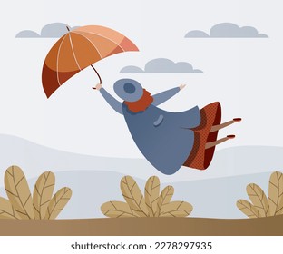 Woman with Umbrella in Stormy Weather Blowing Away Vector Illustration