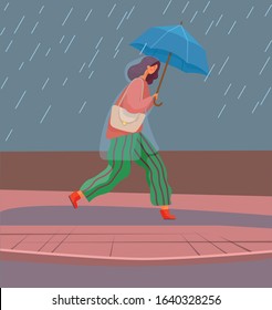 Woman with umbrella under autumn rain walking on puddles vector. Rainfall and fall weather, girl in raincoat with parasol, seasonal forecast changes. Person and outdoor activity illustration