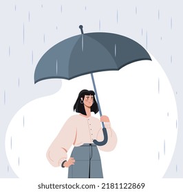 Mujer con paraguas bajo la lluvia. Paseo otoñal en clima lluvioso, húmedo y ventoso, carácter en tormenta. Lluvias en mal tiempo. Metáfora de depresión y tristeza. Dibujo vectorial plano de dibujos animados