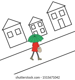 A woman with an umbrella walks along a black and white street

