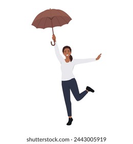 Woman with an umbrella walks and jump happy. Flat vector illustration isolated on white background