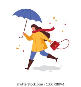 Woman with umbrella in a yellow raincoat jumping over the puddle. Girl running from the rain. Autumn outdoor walk in rainy weather. Vector flat illustration.