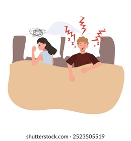 woman unable to sleep due to husband snoring loudly.  insomnia and frustration at bedtime.