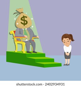 A woman under authority a man who has money sitting on chair. Concept of money and power.illustration vector cartoon.